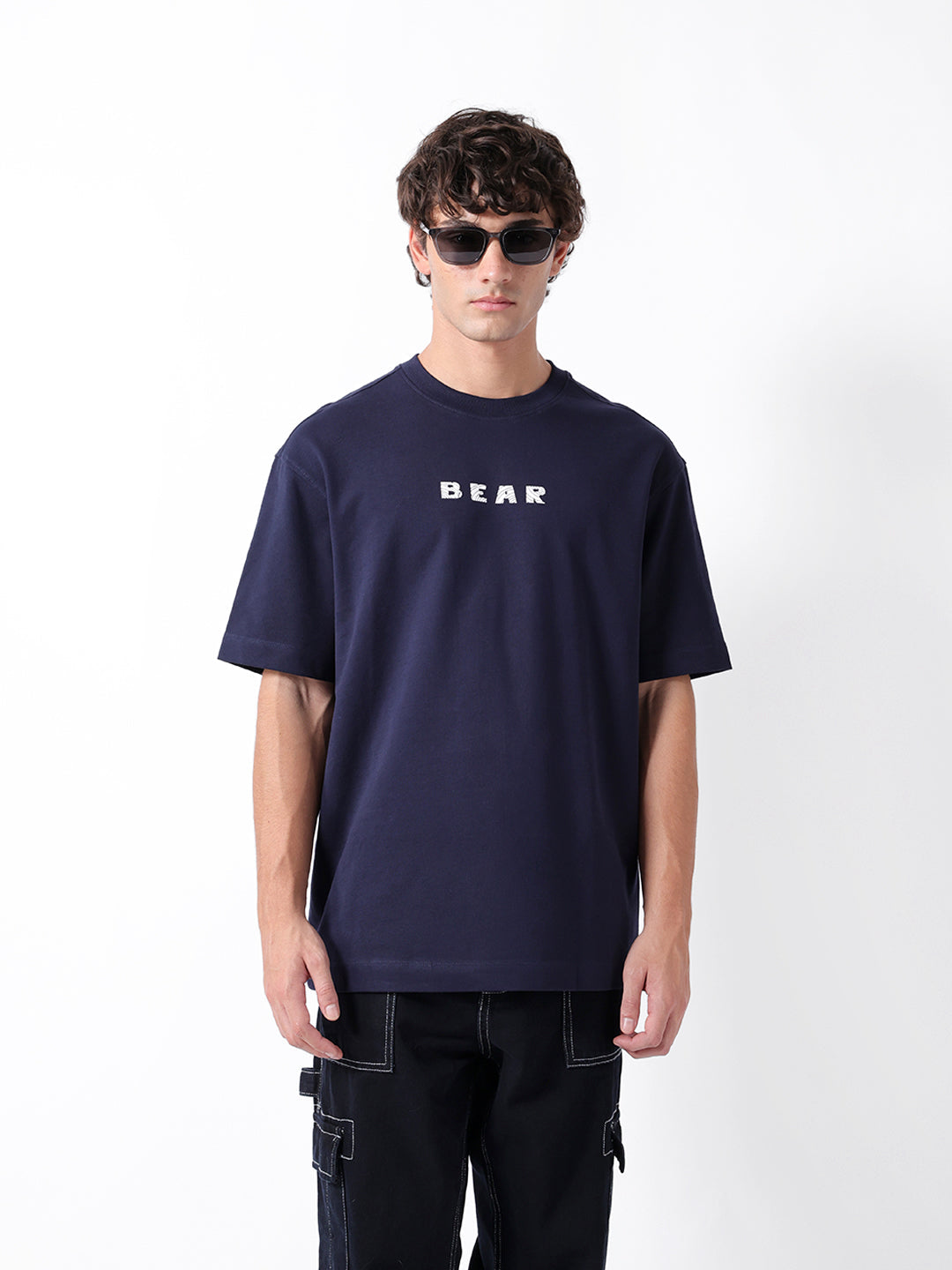 Men Navy Cotton Printed T-Shirt