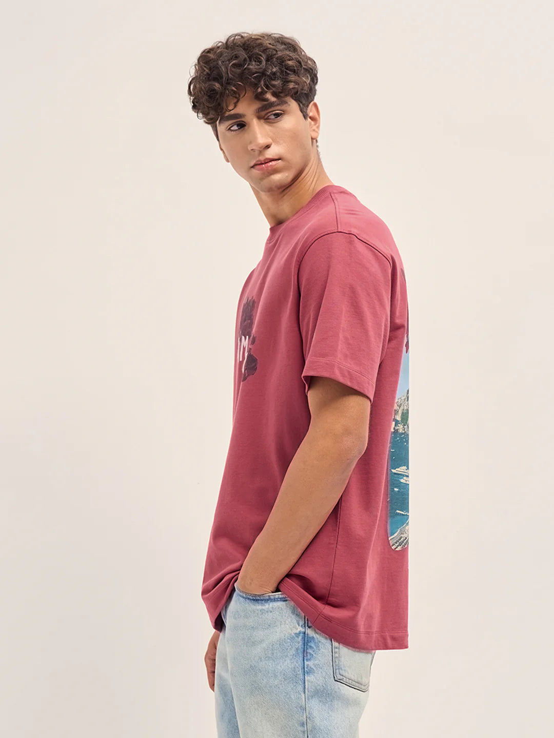 Men Maroon Graphic Back Print Oversized T-Shirt