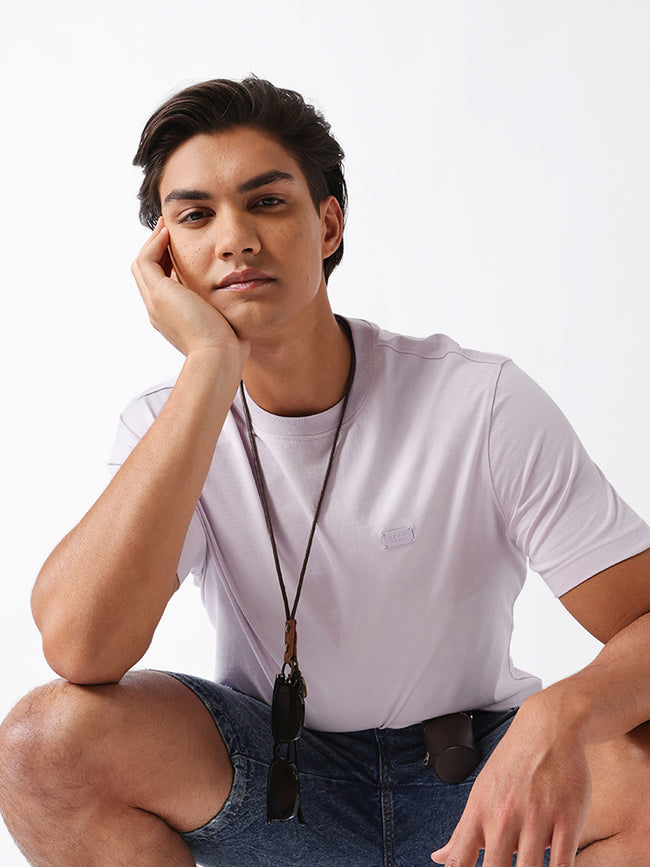 Men Purple Solid Cotton Crew Neck T-Shirt