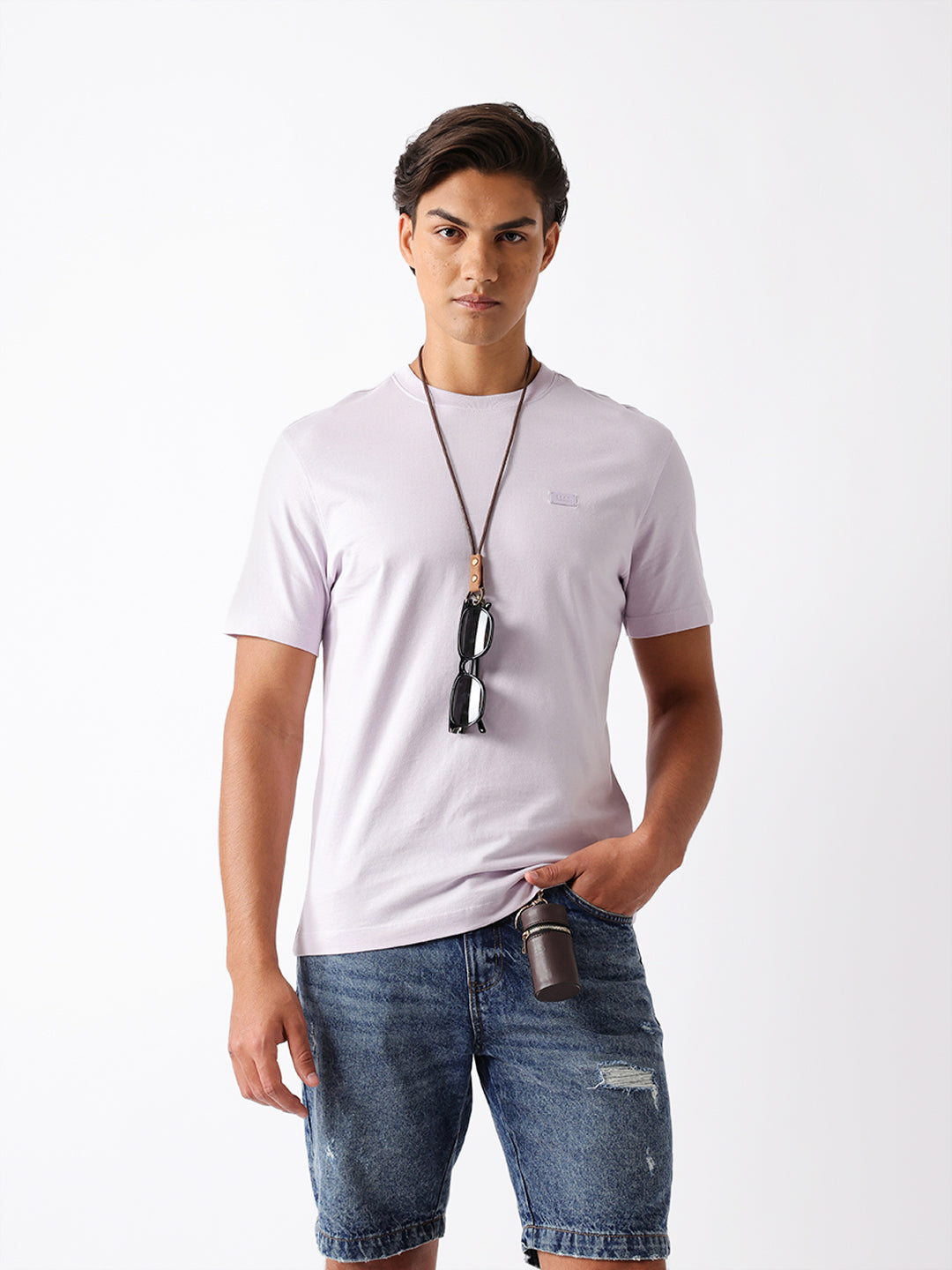Men Purple Solid Cotton Crew Neck T-Shirt
