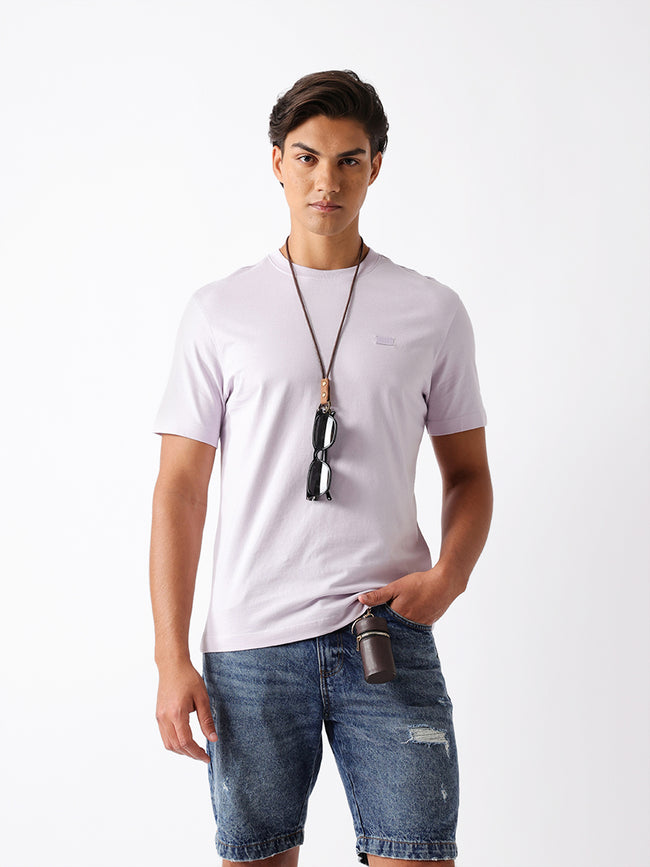 Men Purple Solid Cotton Crew Neck T-Shirt