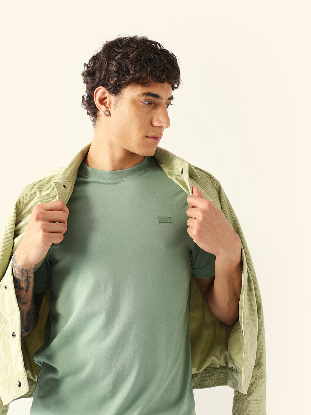 Men Green Cotton Solid T-Shirt