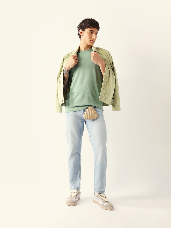 Men Green Cotton Solid T-Shirt