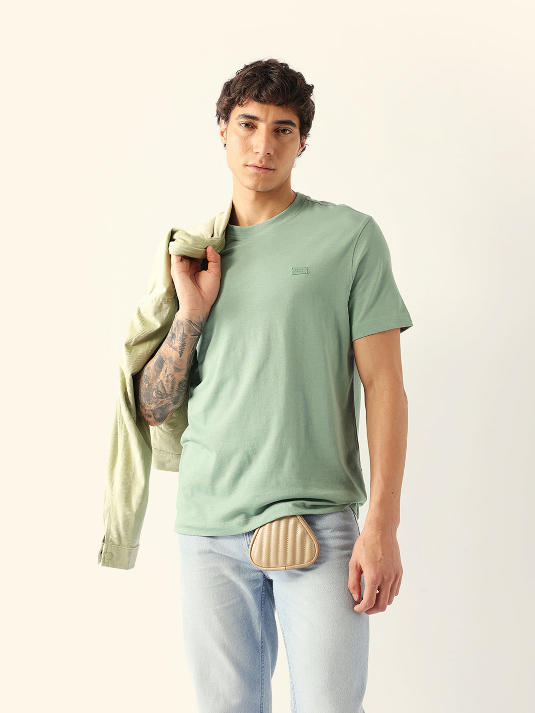 Men Green Cotton Solid T-Shirt