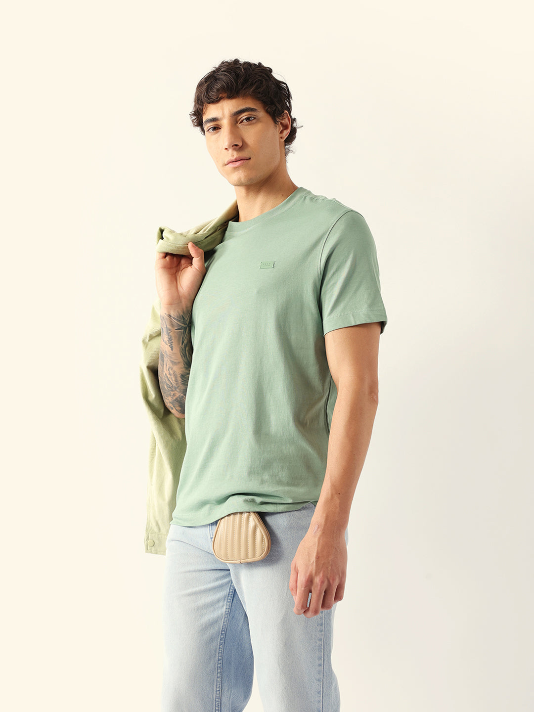 Men Green Cotton Solid T-Shirt