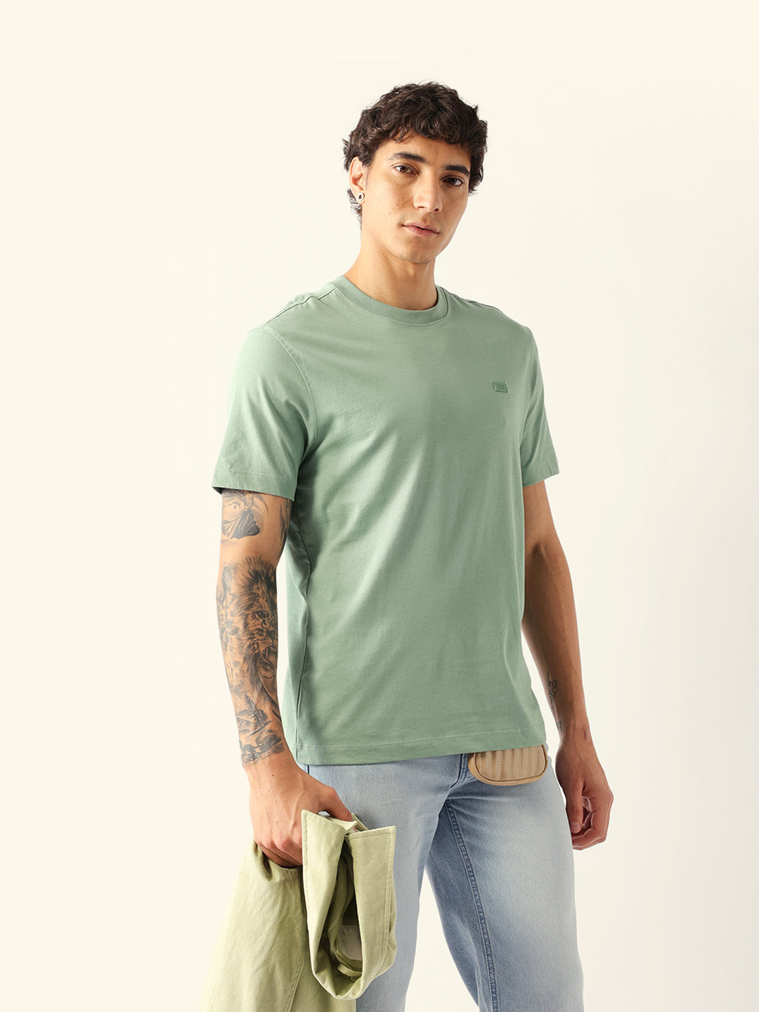 Men Green Cotton Solid T-Shirt