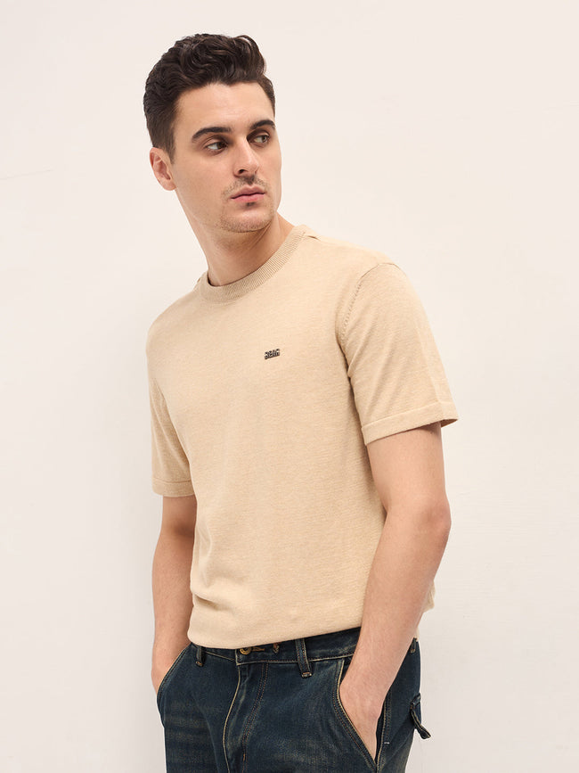 Men Beige Solid Regular Fit Ribbed Crew Neck T-shirt