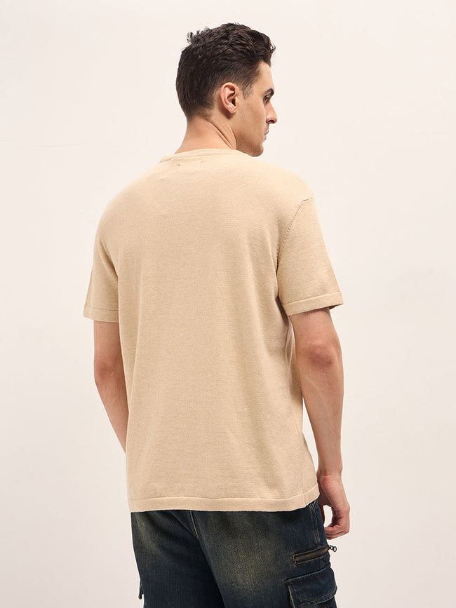 Men Beige Solid Regular Fit Ribbed Crew Neck T-shirt