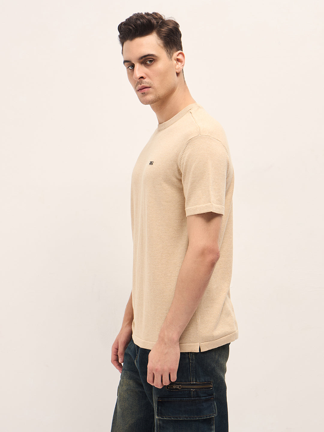 Men Beige Solid Regular Fit Ribbed Crew Neck T-shirt