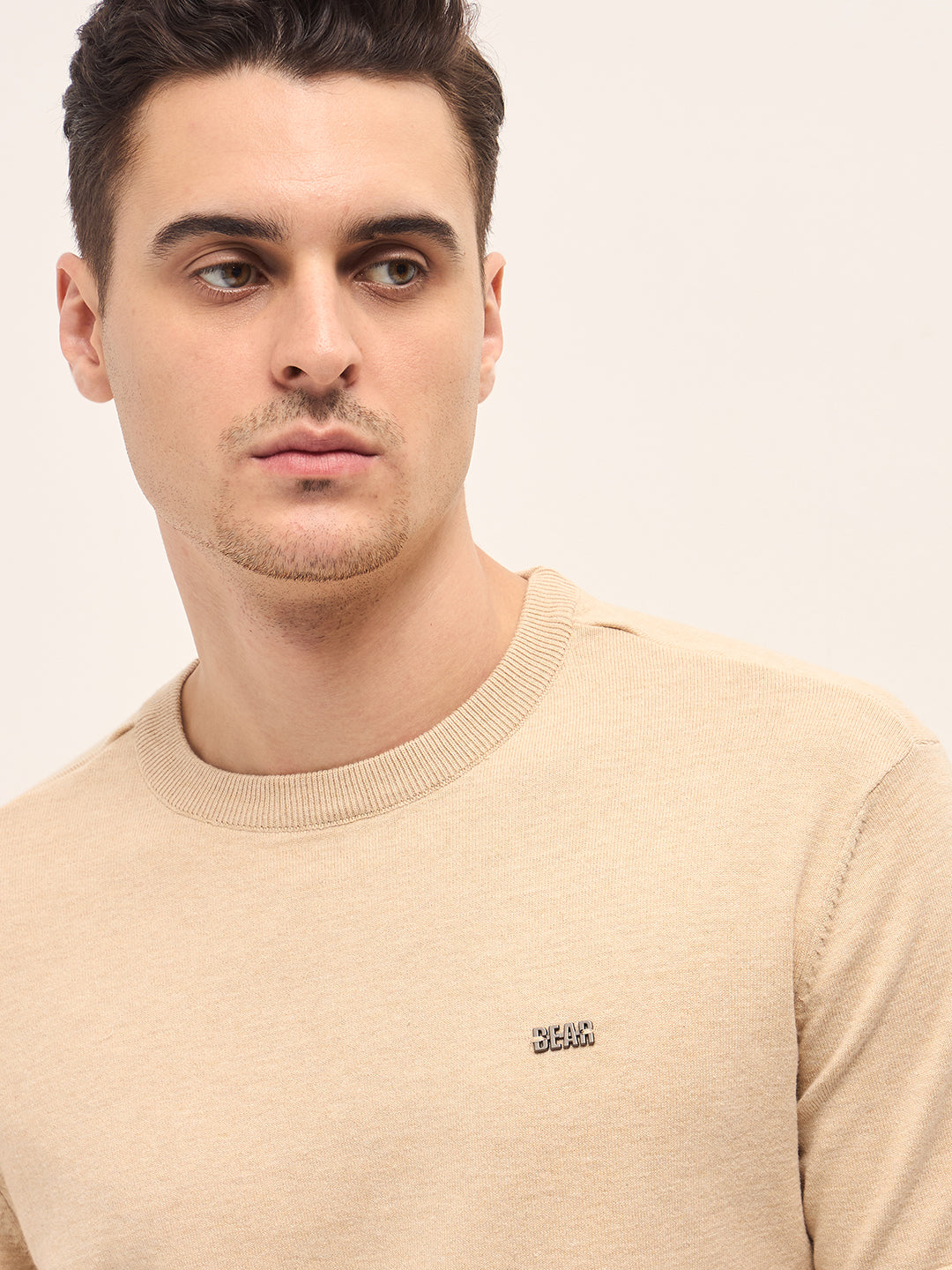Men Beige Solid Regular Fit Ribbed Crew Neck T-shirt