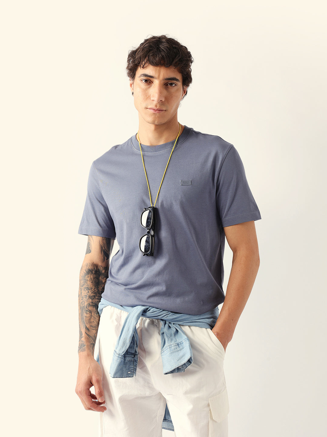 Men Grey Cotton Solid T-Shirt