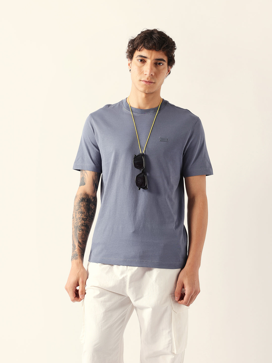 Men Grey Cotton Solid T-Shirt