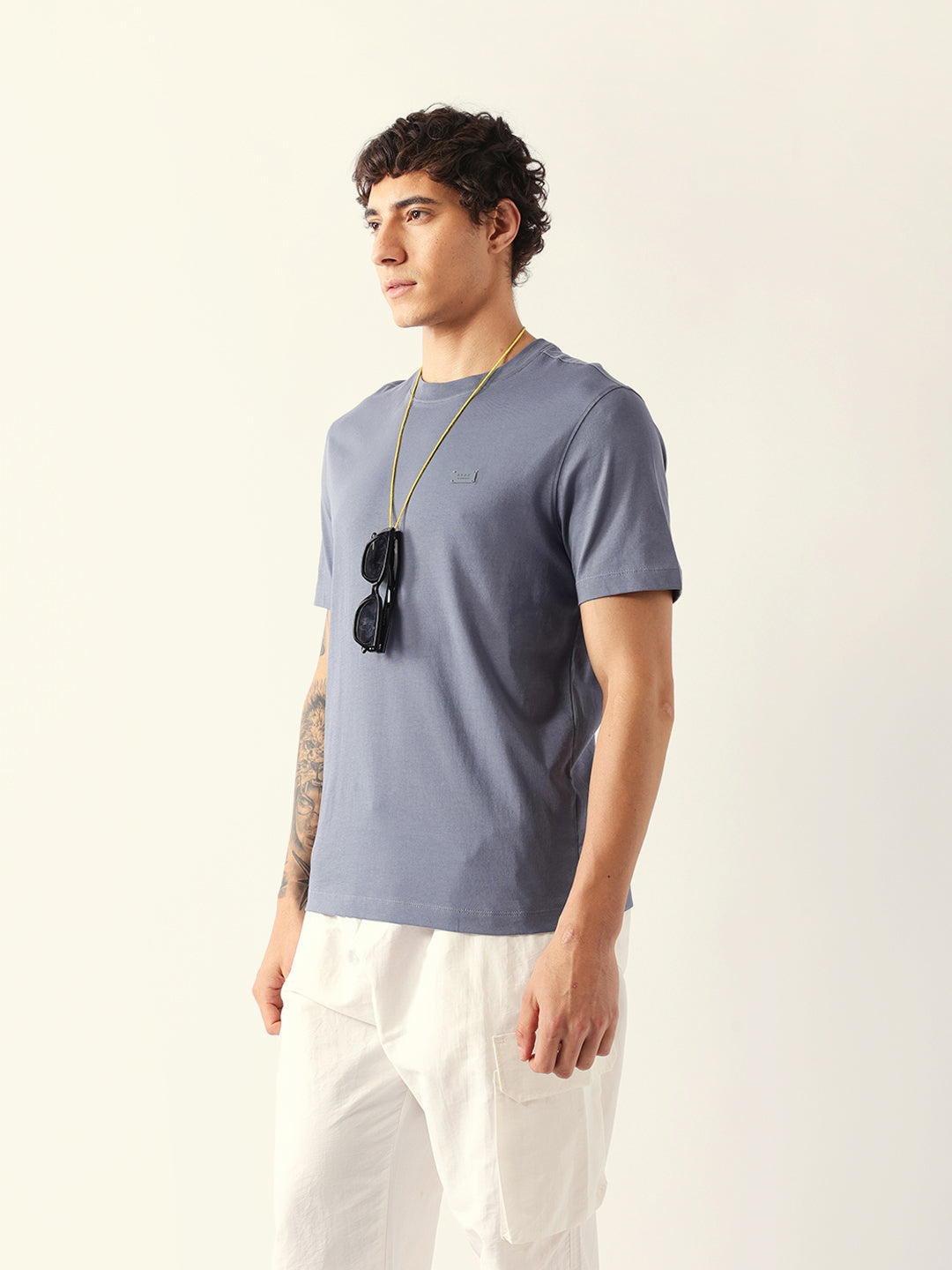 Men Grey Cotton Solid T-Shirt