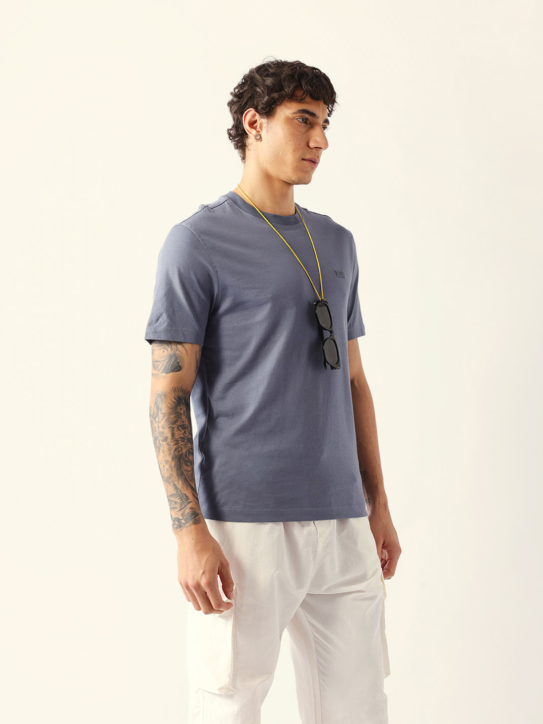 Men Grey Cotton Solid T-Shirt