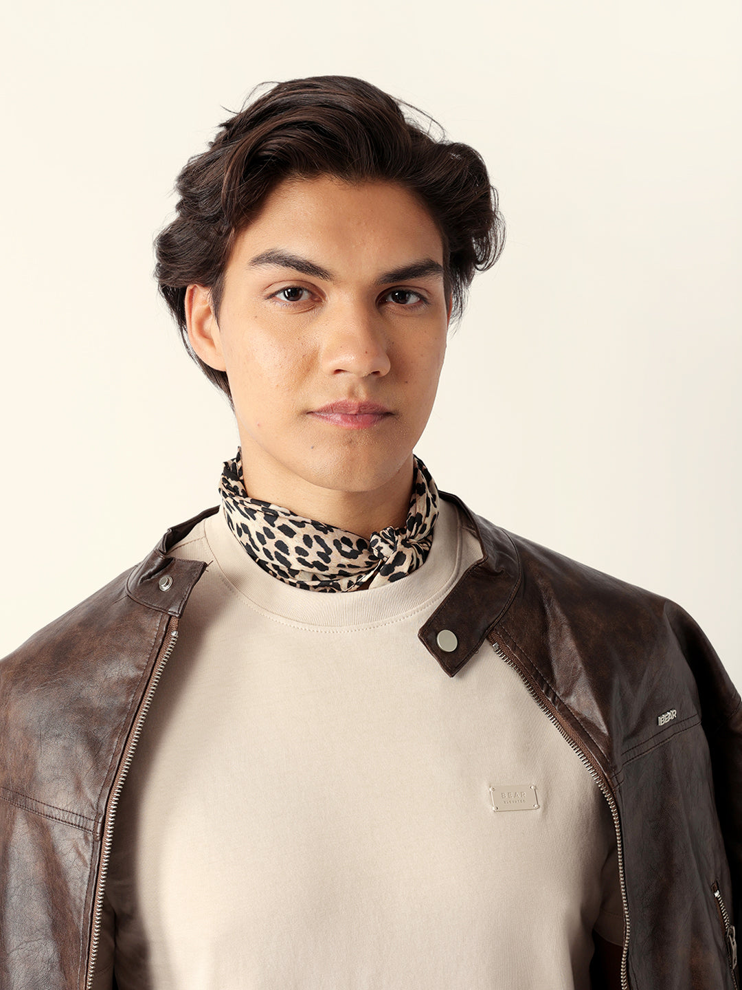 Men Beige Solid Cotton T-Shirt