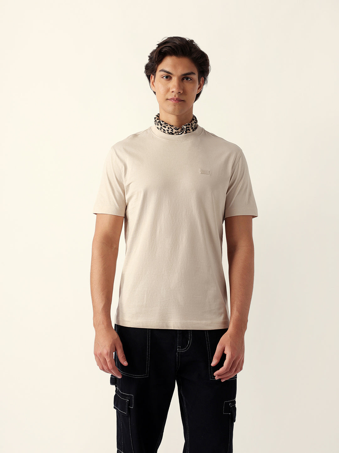 Men Beige Solid Cotton T-Shirt