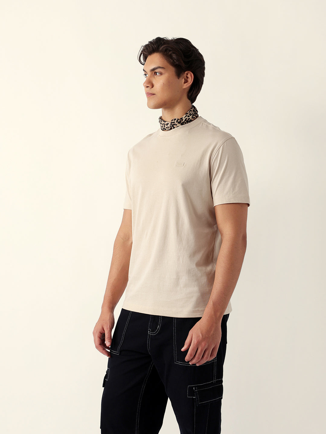 Men Beige Solid Cotton T-Shirt