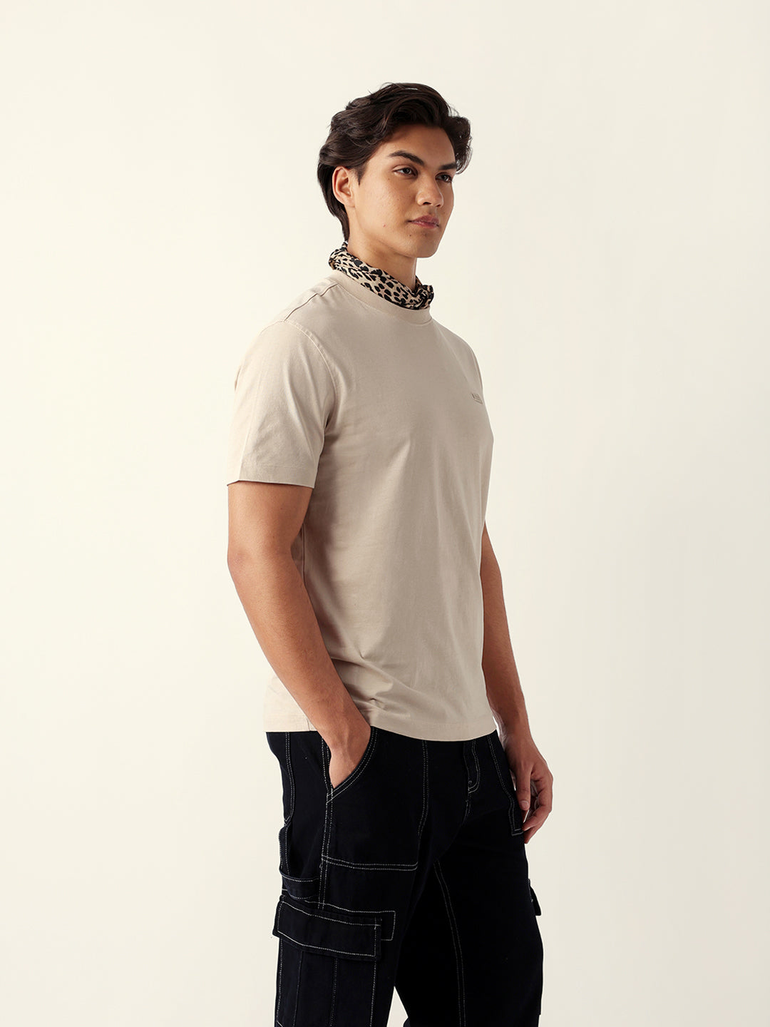 Men Beige Solid Cotton T-Shirt