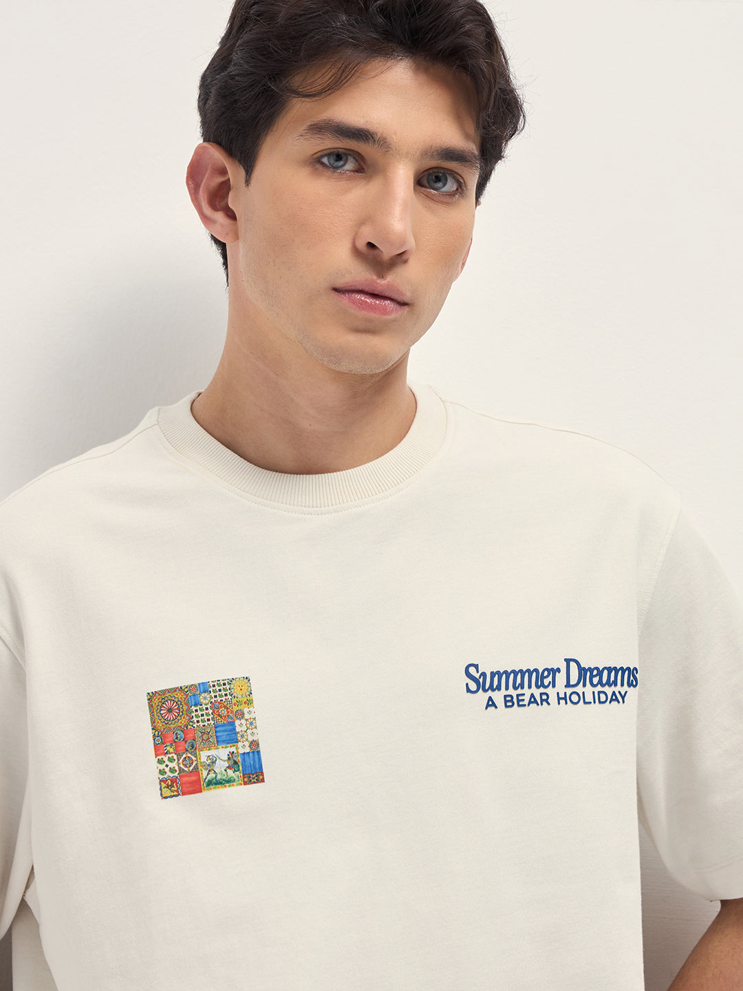 Men Cream Graphic Cotton Crew Neck T-Shirt