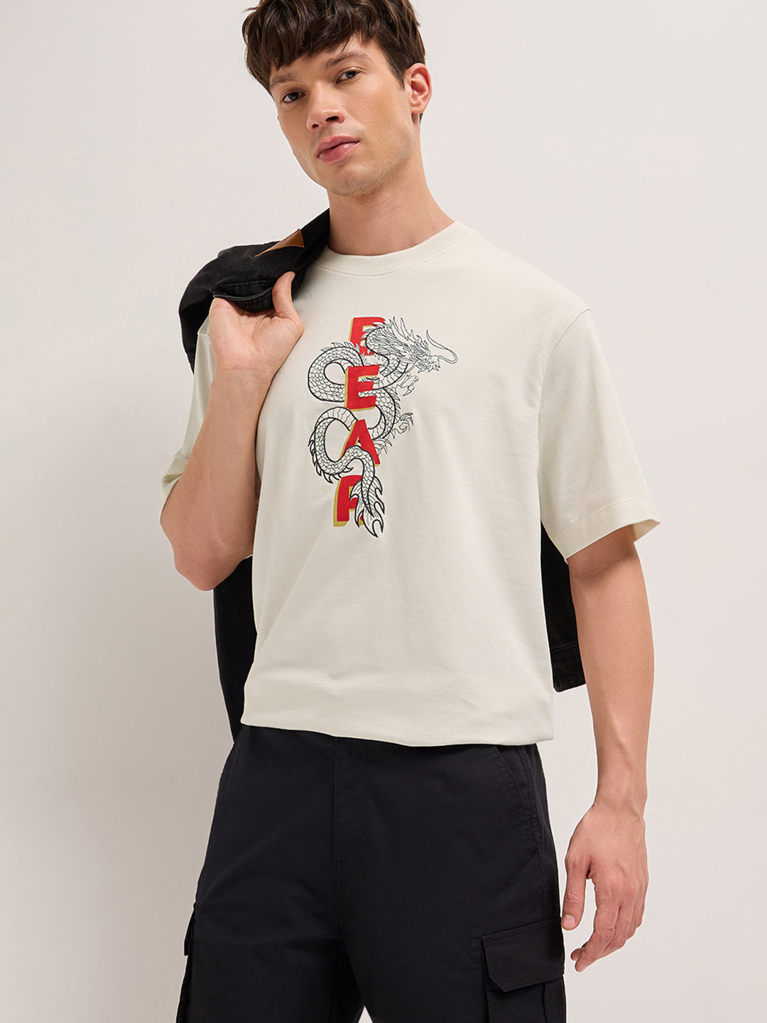 Men Cream Graphic Cotton Crew Neck T-Shirt