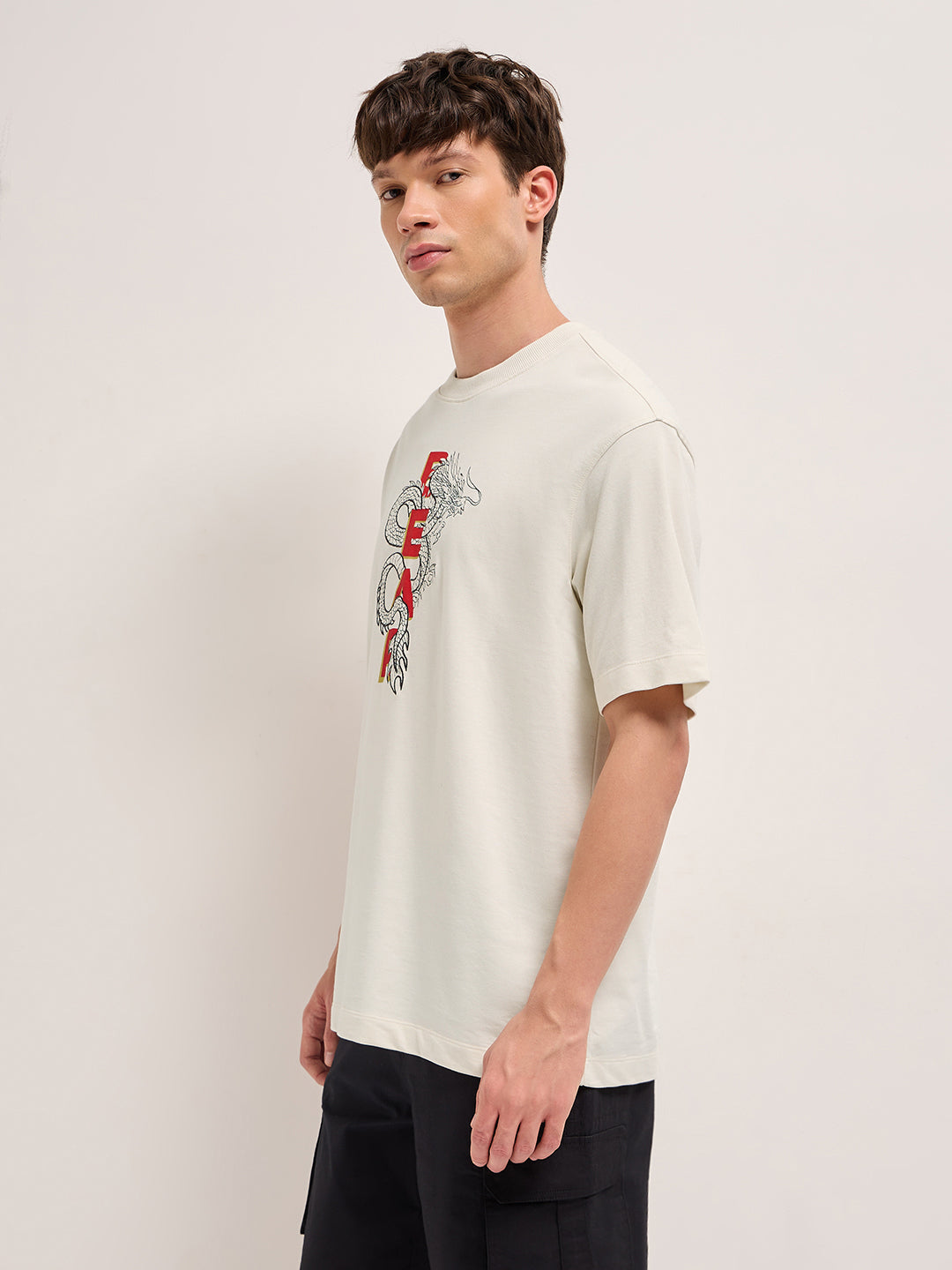 Men Cream Graphic Cotton Crew Neck T-Shirt