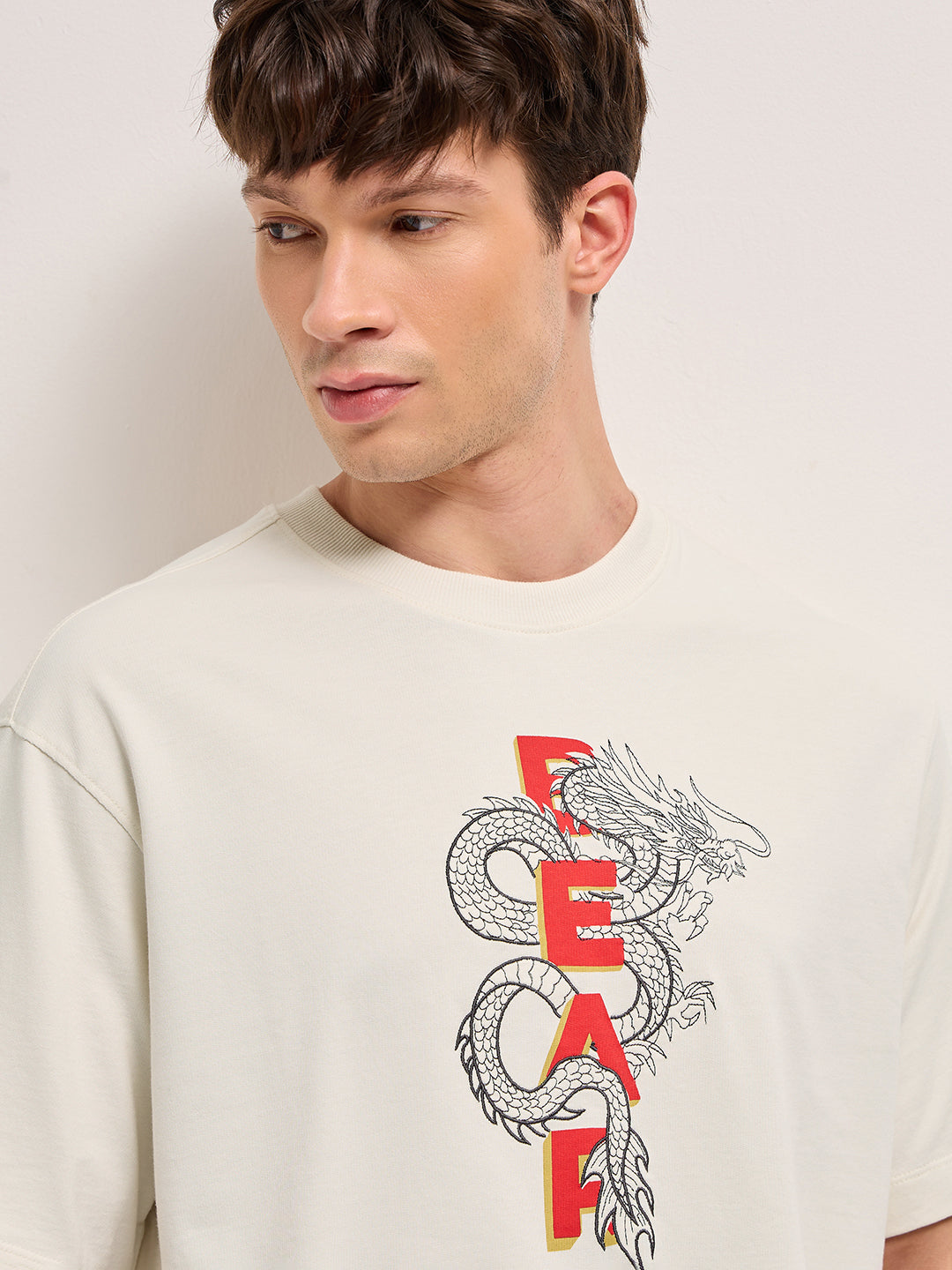 Men Cream Graphic Cotton Crew Neck T-Shirt