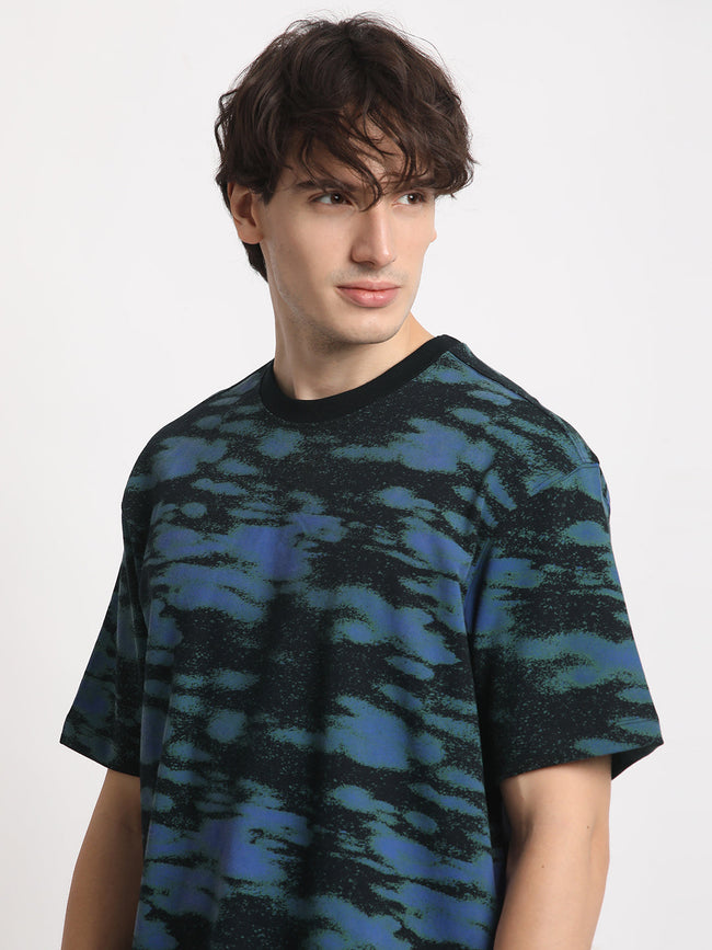 Men Black Printed Oversized Fit Round Neck T-shirt