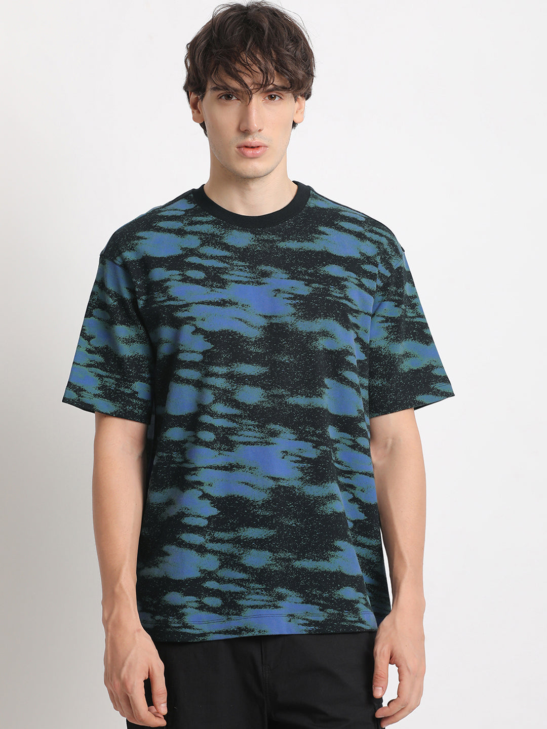 Men Black Printed Oversized Fit Round Neck T-shirt