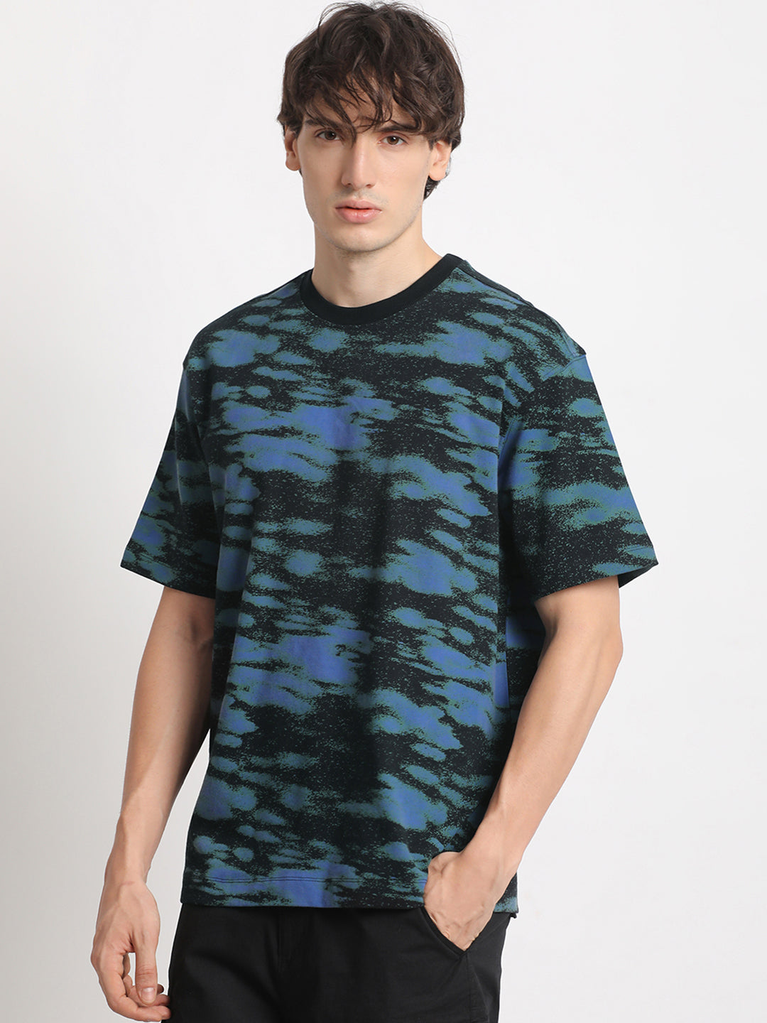 Men Black Printed Oversized Fit Round Neck T-shirt