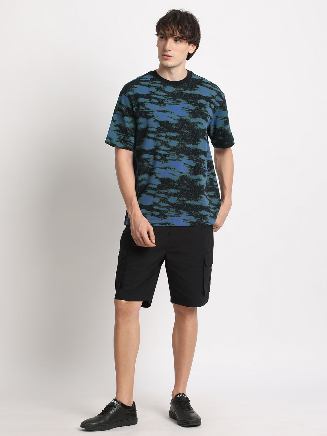 Men Black Printed Oversized Fit Round Neck T-shirt