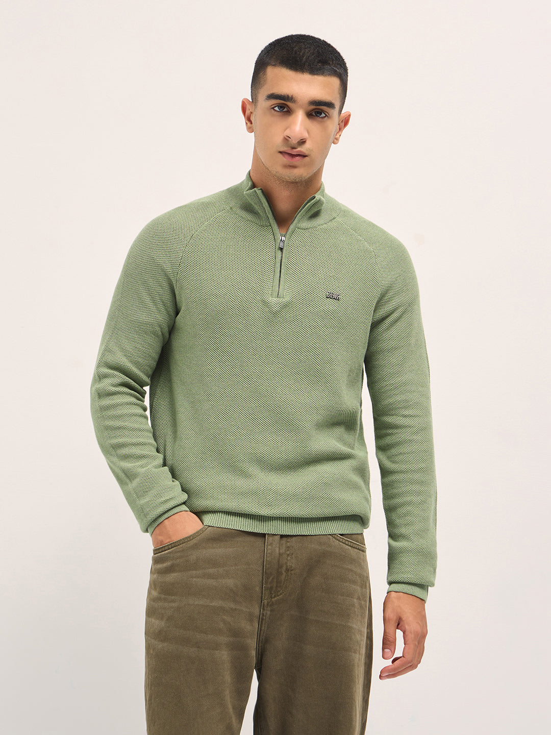 Men Green Cotton Solid T-Shirt