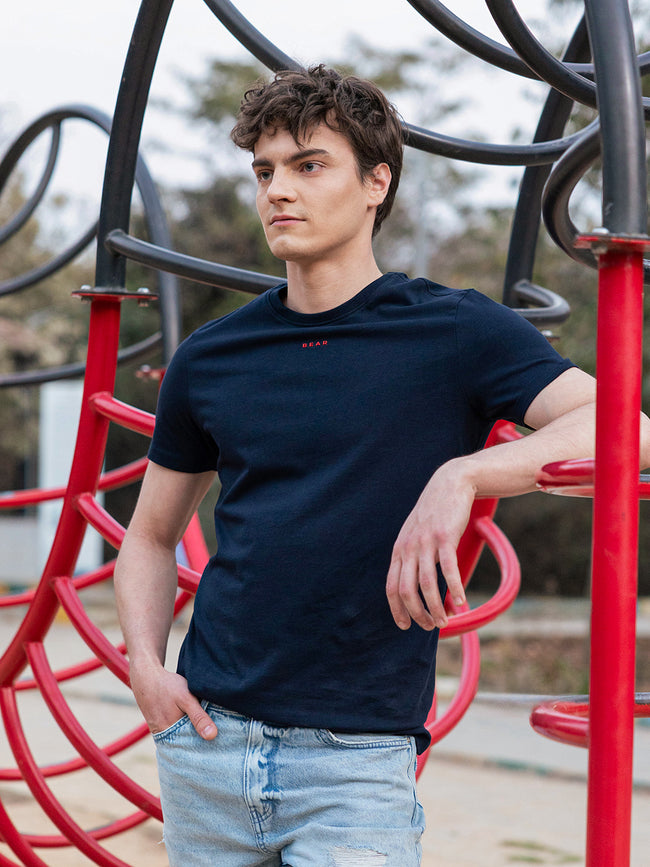 Men Blue Solid Cotton Crew Neck T-Shirt