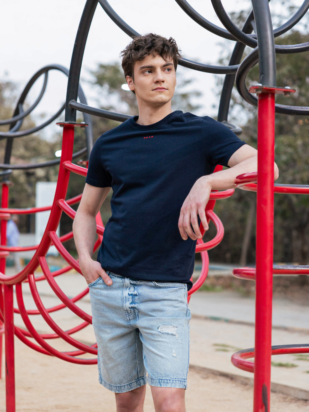 Men Blue Solid Cotton Crew Neck T-Shirt