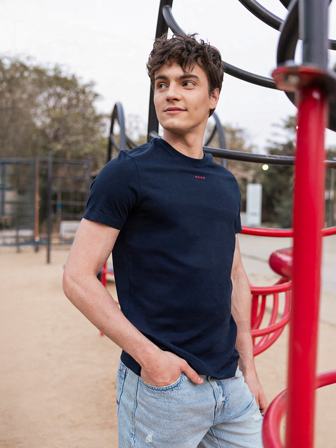 Men Blue Solid Cotton Crew Neck T-Shirt