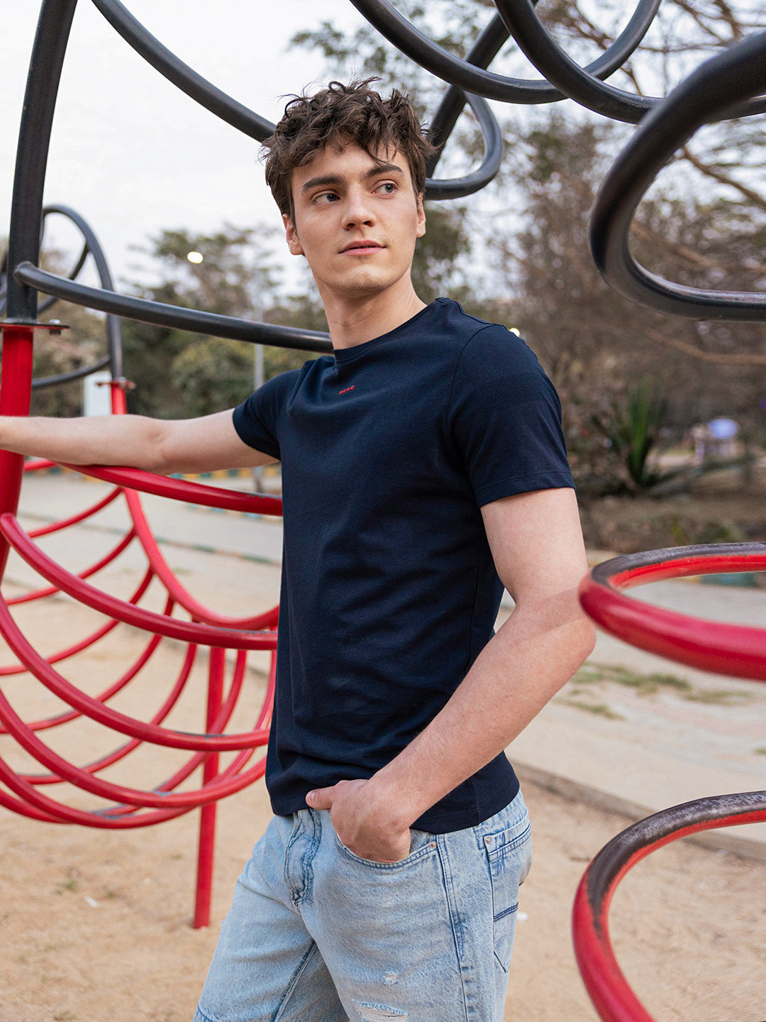 Men Blue Solid Cotton Crew Neck T-Shirt