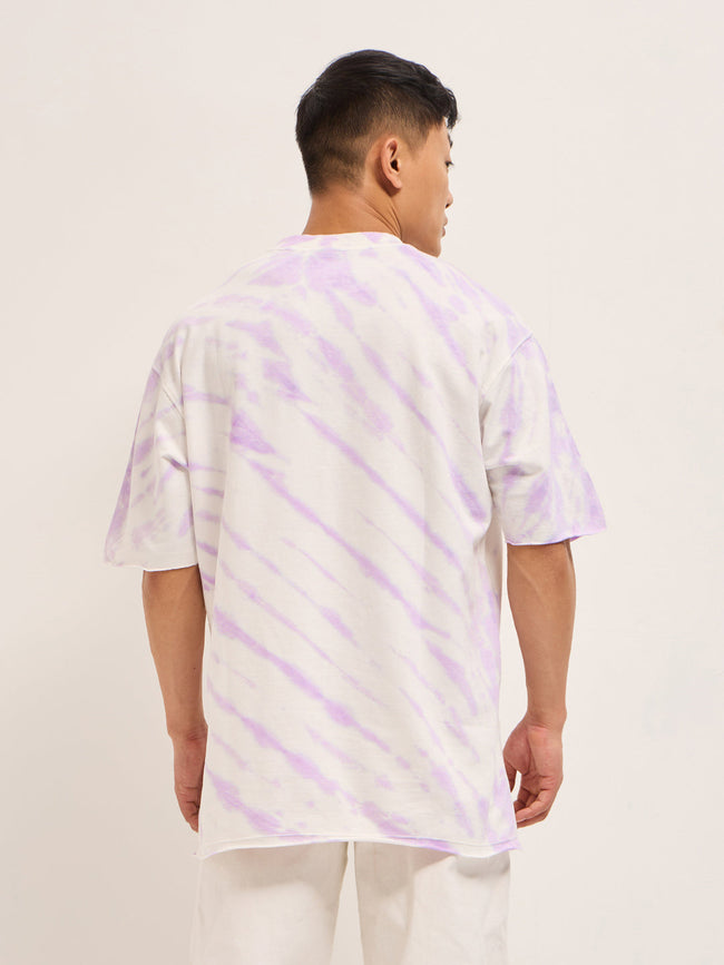 Men White & Purple Tie-Dye Oversized Crew Neck T-Shirt