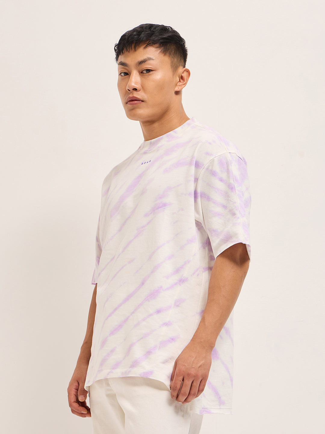 Men White & Purple Tie-Dye Oversized Crew Neck T-Shirt