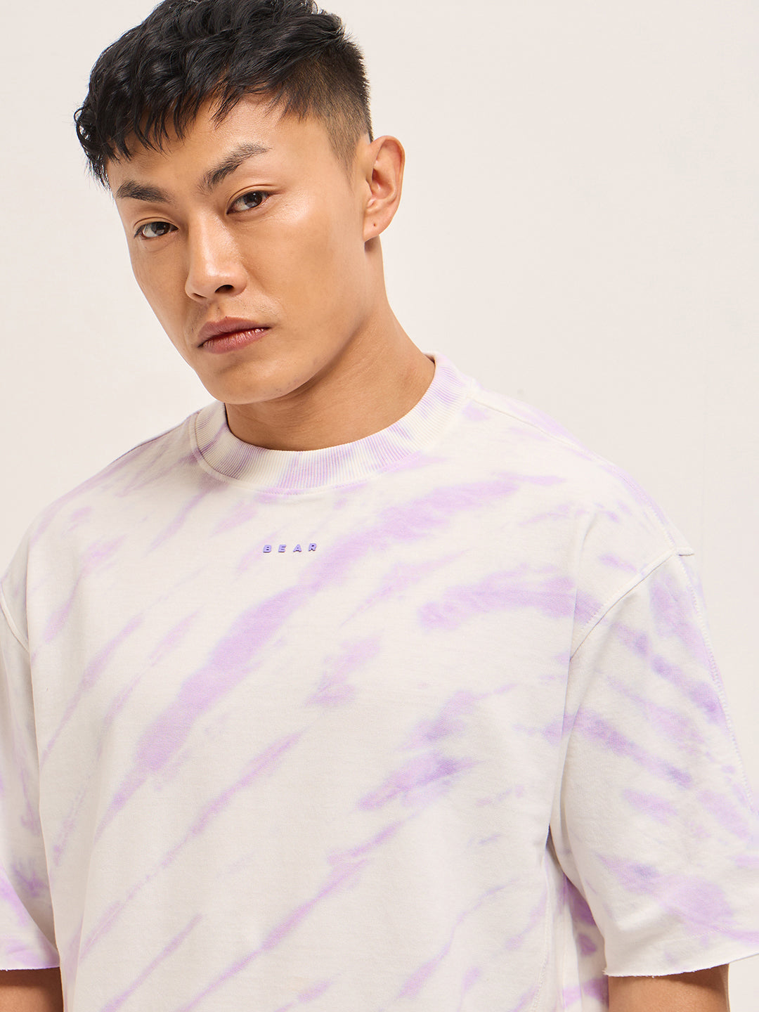 Men White & Purple Tie-Dye Oversized Crew Neck T-Shirt