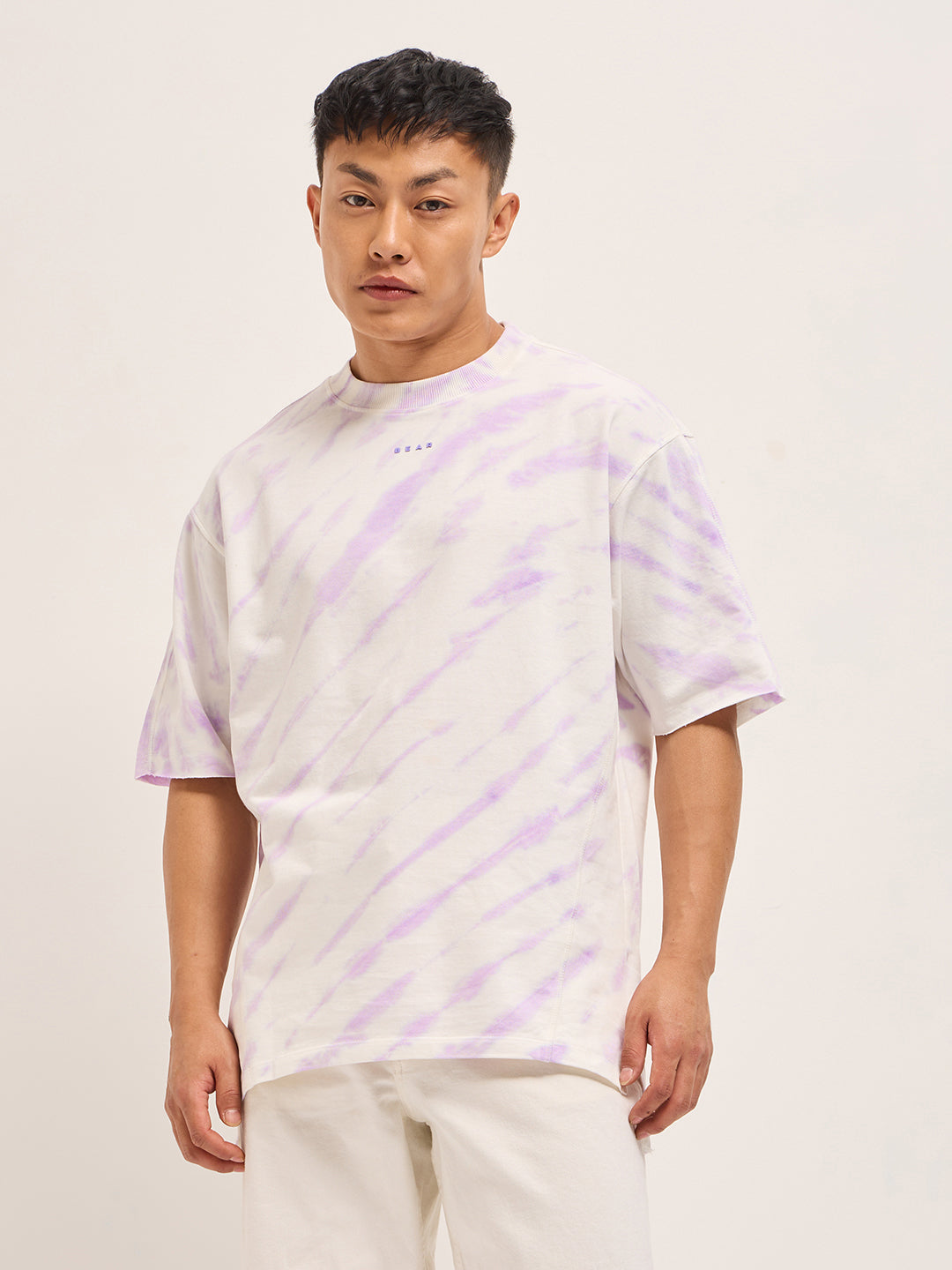 Men White & Purple Tie-Dye Oversized Crew Neck T-Shirt