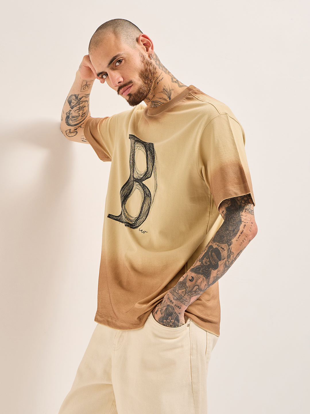 Men Beige Gradient Oversized Crew Neck T-Shirt