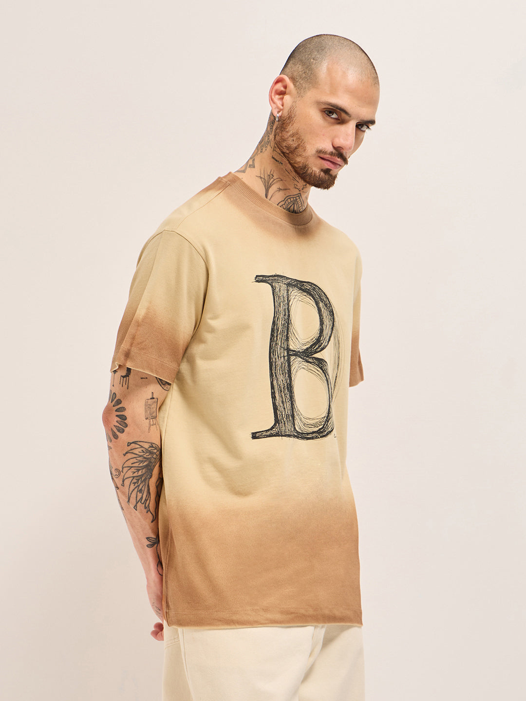 Men Beige Gradient Oversized Crew Neck T-Shirt