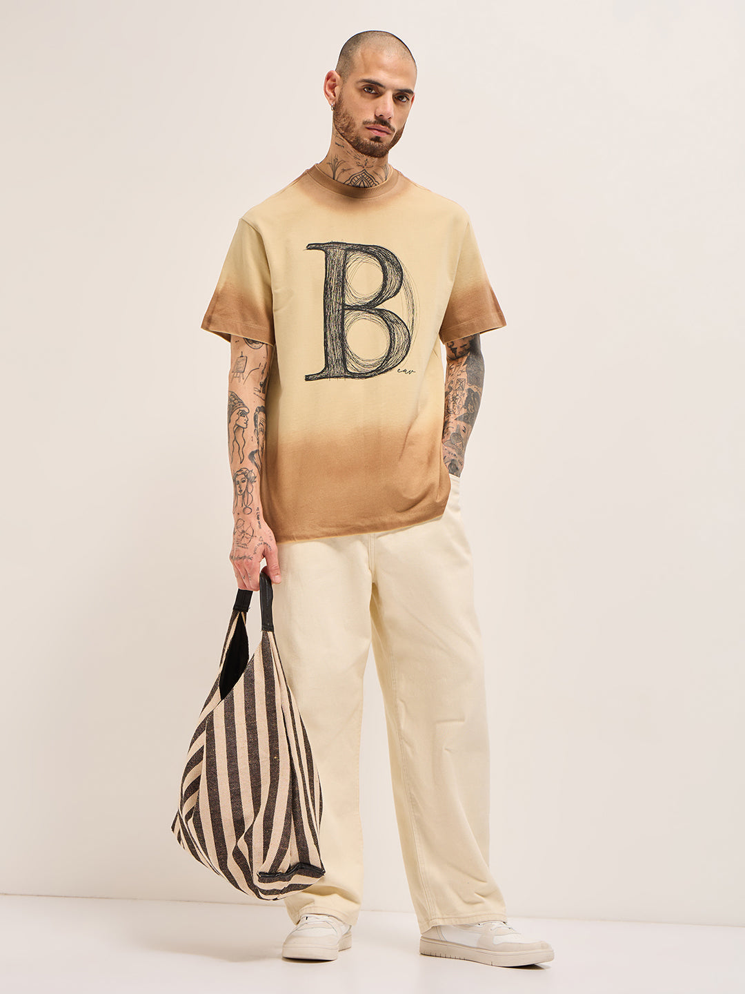Men Beige Gradient Oversized Crew Neck T-Shirt