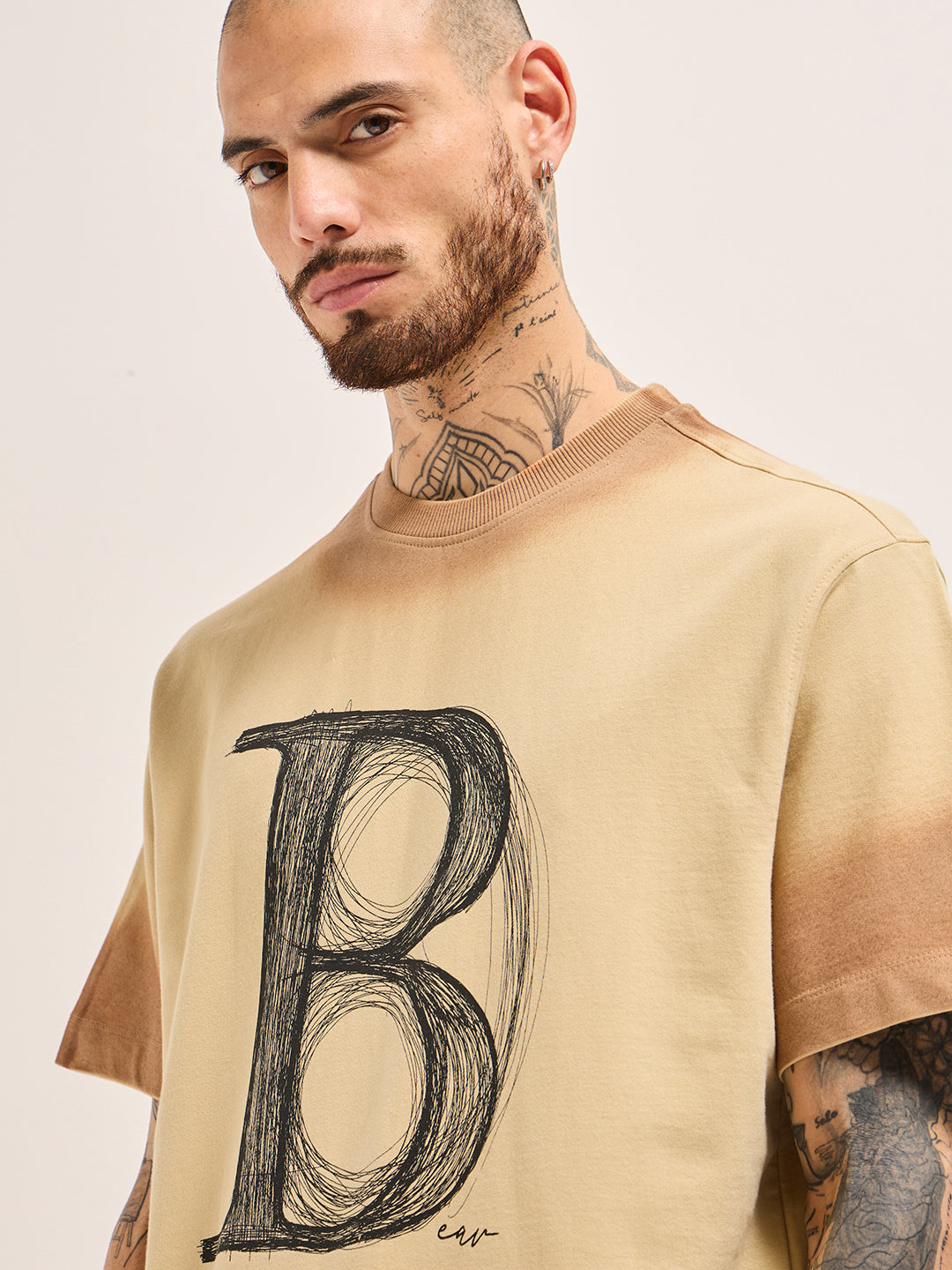 Men Beige Gradient Oversized Crew Neck T-Shirt