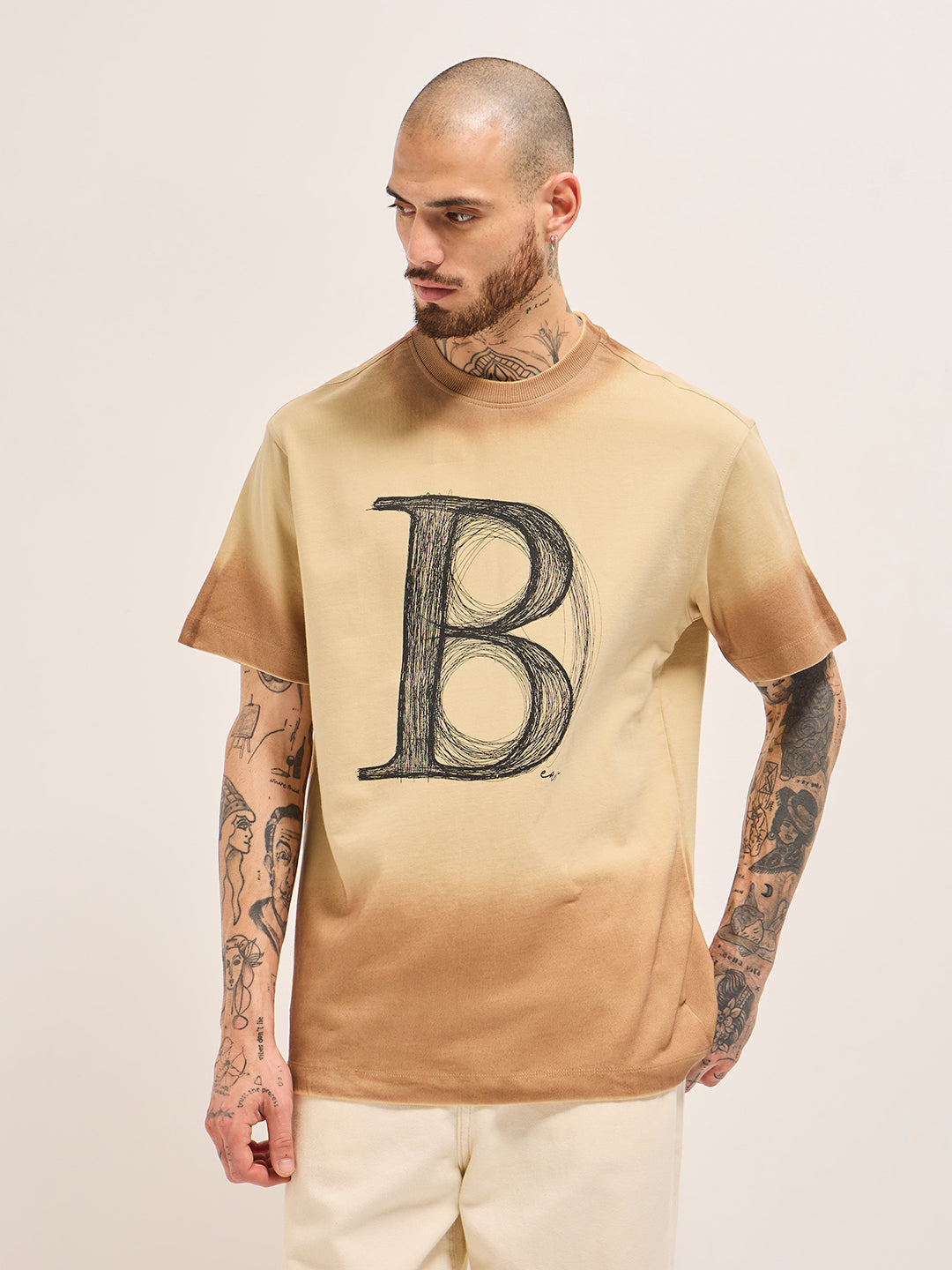 Men Beige Gradient Oversized Crew Neck T-Shirt
