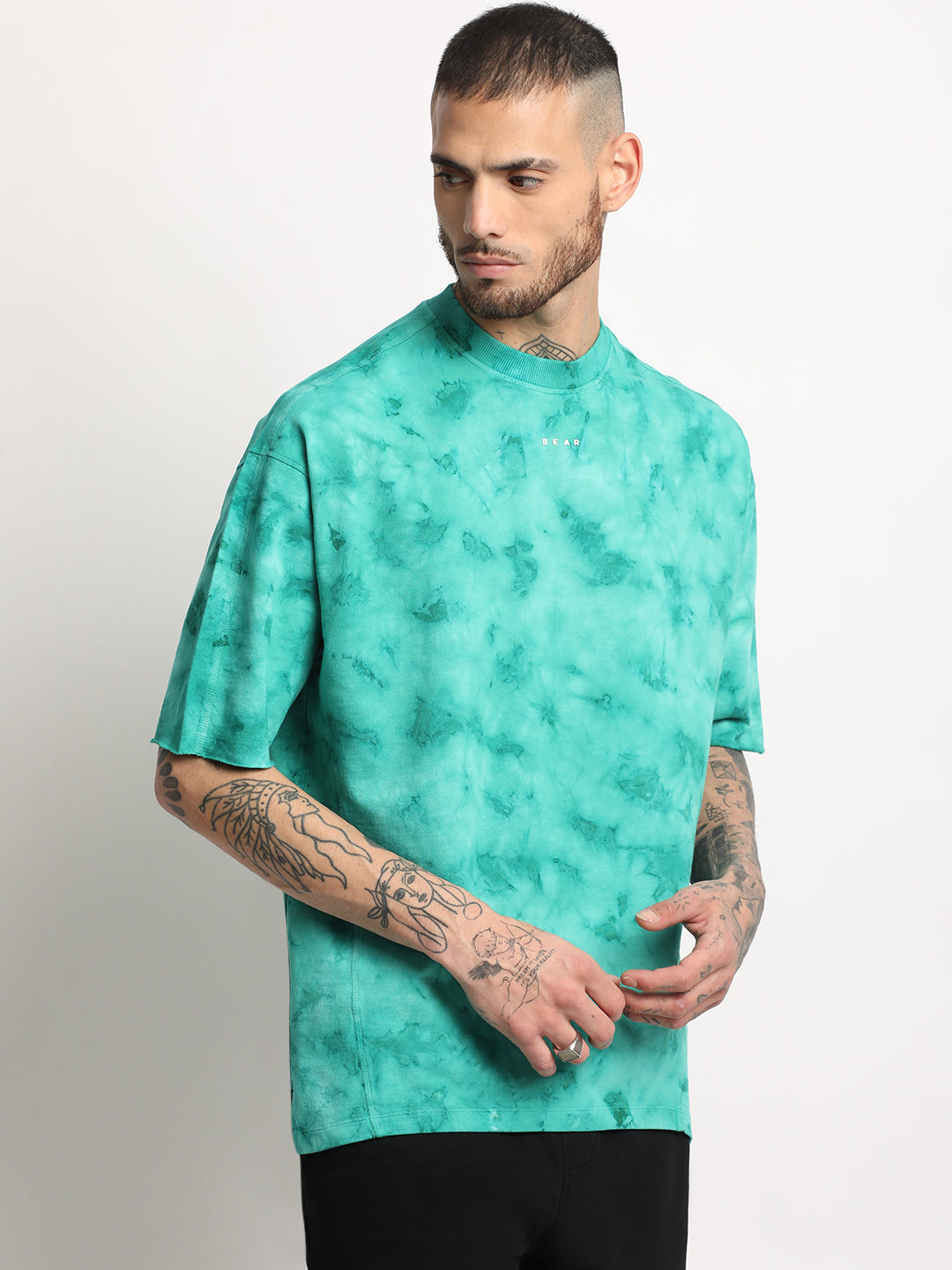 Men  Teal Green Tie & Dye Round Neck T-shirt