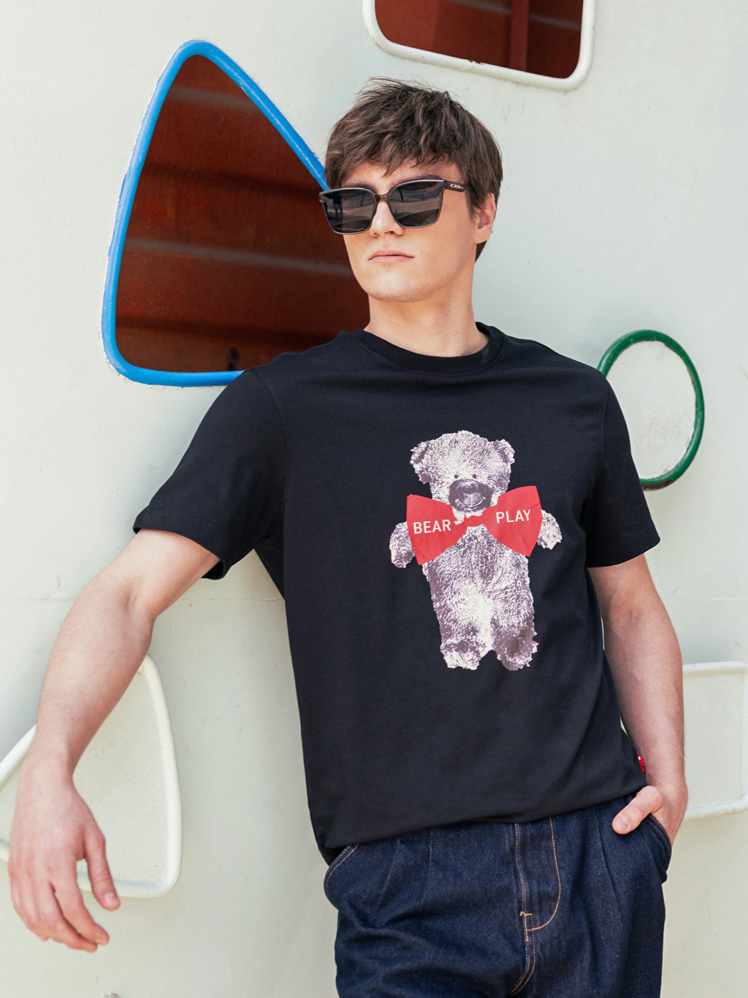 Men Black Graphic Cotton Crew Neck T-Shirt