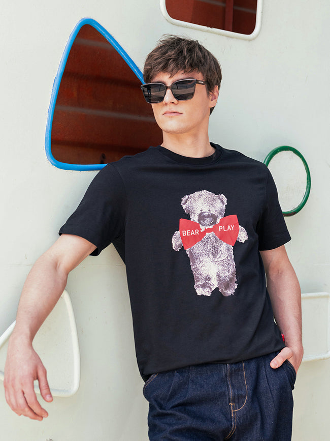 Men Black Graphic Cotton Crew Neck T-Shirt