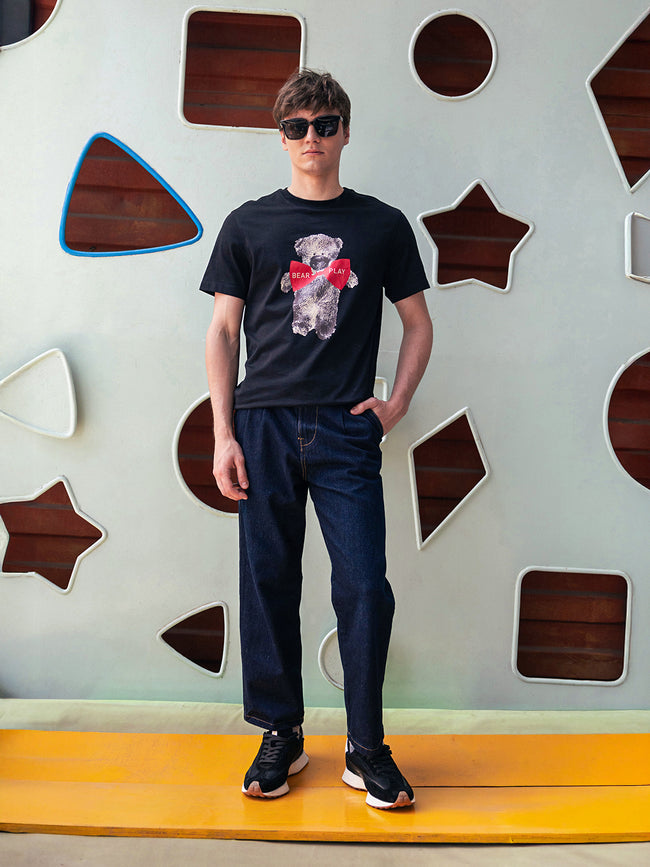 Men Black Graphic Cotton Crew Neck T-Shirt