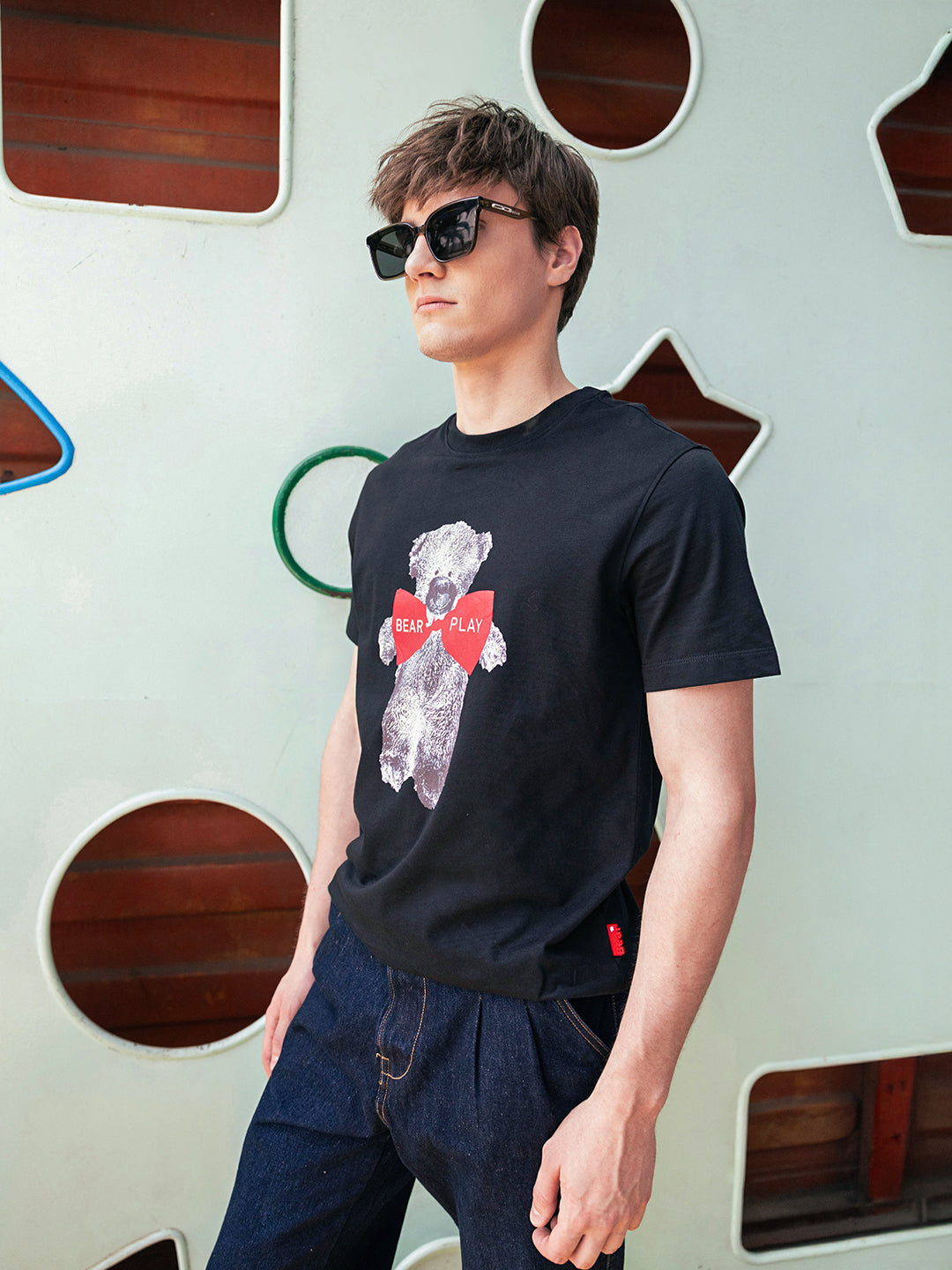 Men Black Graphic Cotton Crew Neck T-Shirt