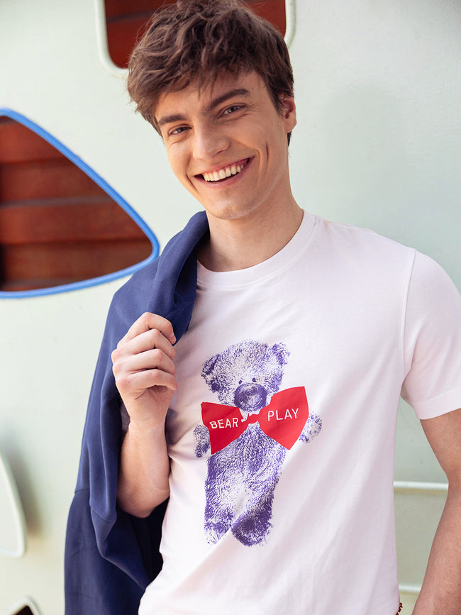Men White Graphic Cotton Crew Neck T-Shirt